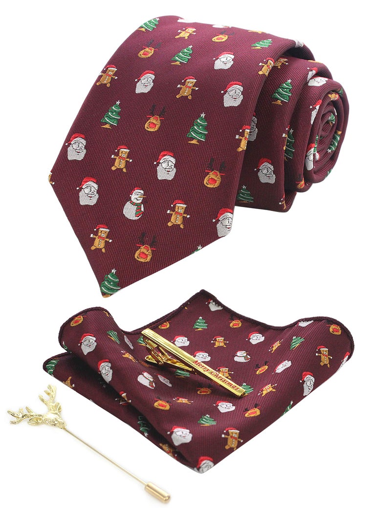 JEMYGINS Festival Silk Necktie Burgundy Santa Claus Snowman Christmas Tie and Pocket Square with Tie Clip and lapel pin Set(2) - Image 2